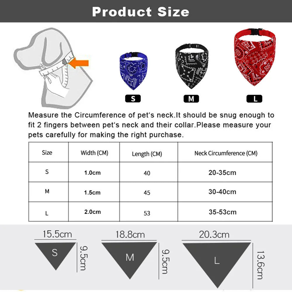 Product size chart for pet bandanas with measurements and illustrations.