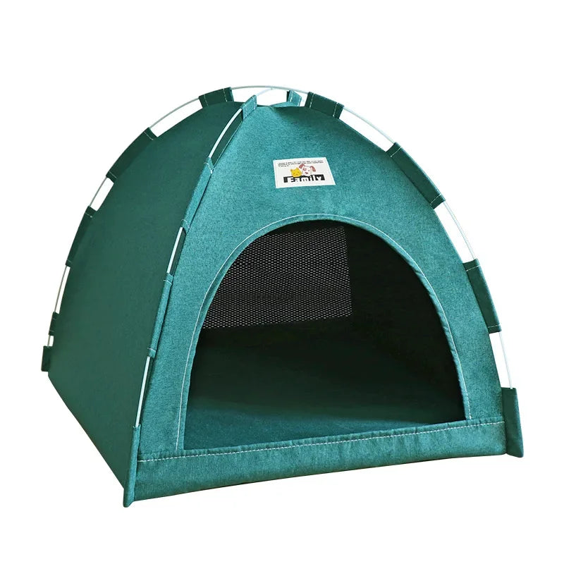 Green pet tent with a visible brand label on a white background