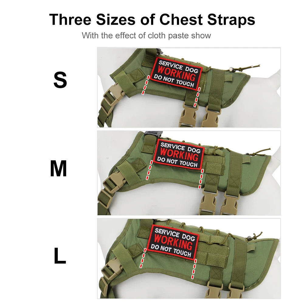 Three sizes of green dog vests with 'Service Dog Working Do Not Touch' patches on a white background.