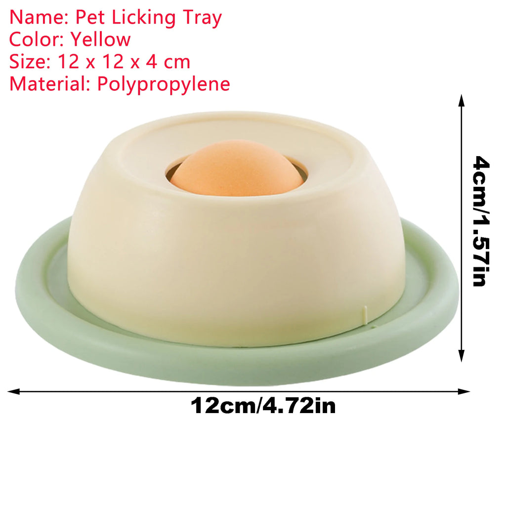 Pet licking tray with dimensions and material details on a white background