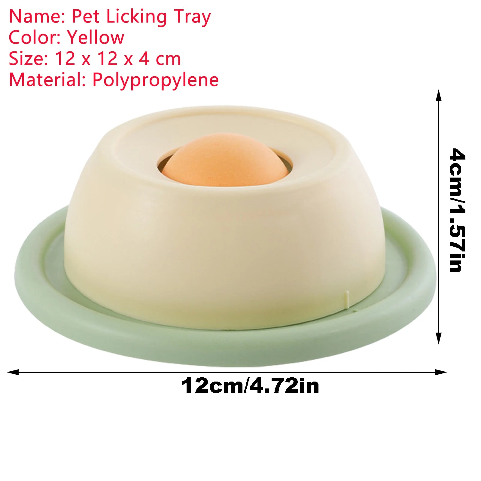 Pet licking tray with dimensions and material details on a white background