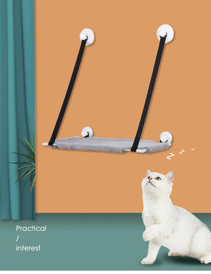 Cat hammock attached to a wall with a cat looking up at it, on a green and orange background.