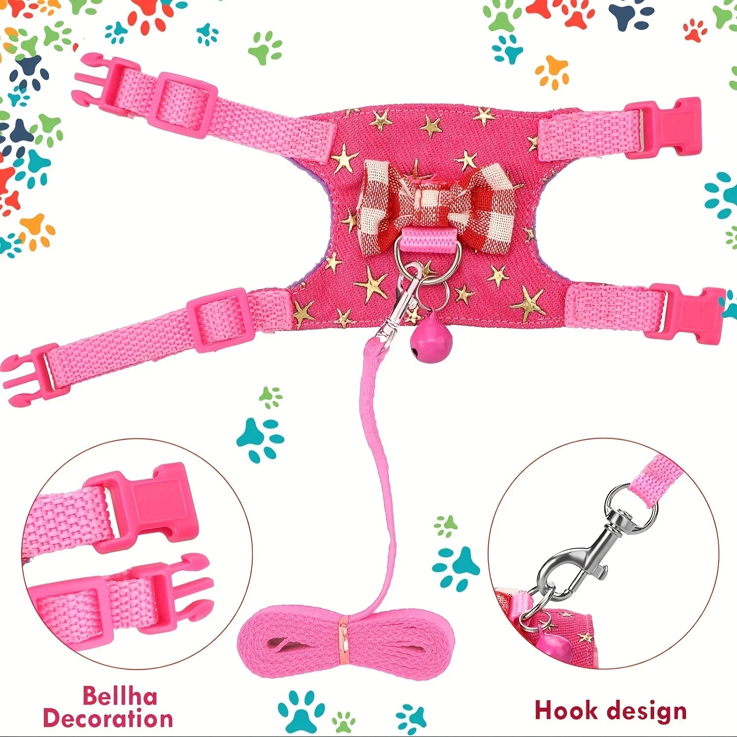 Pink hamster harness and leash set with decorative elements on a colorful paw print background