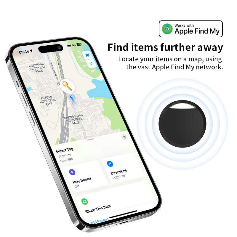 Smart tag with phone app interface showing 'Apple Find My' functionality on a white background