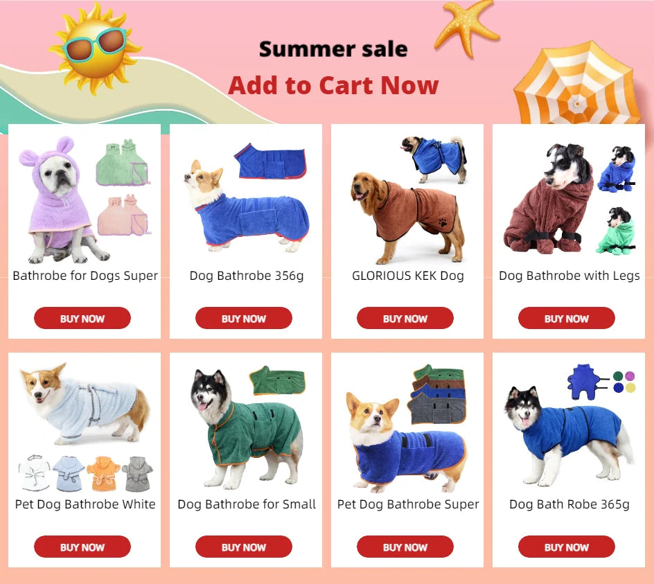 Summer sale advertisement for dog bathrobes with various designs and sizes on a pink background.