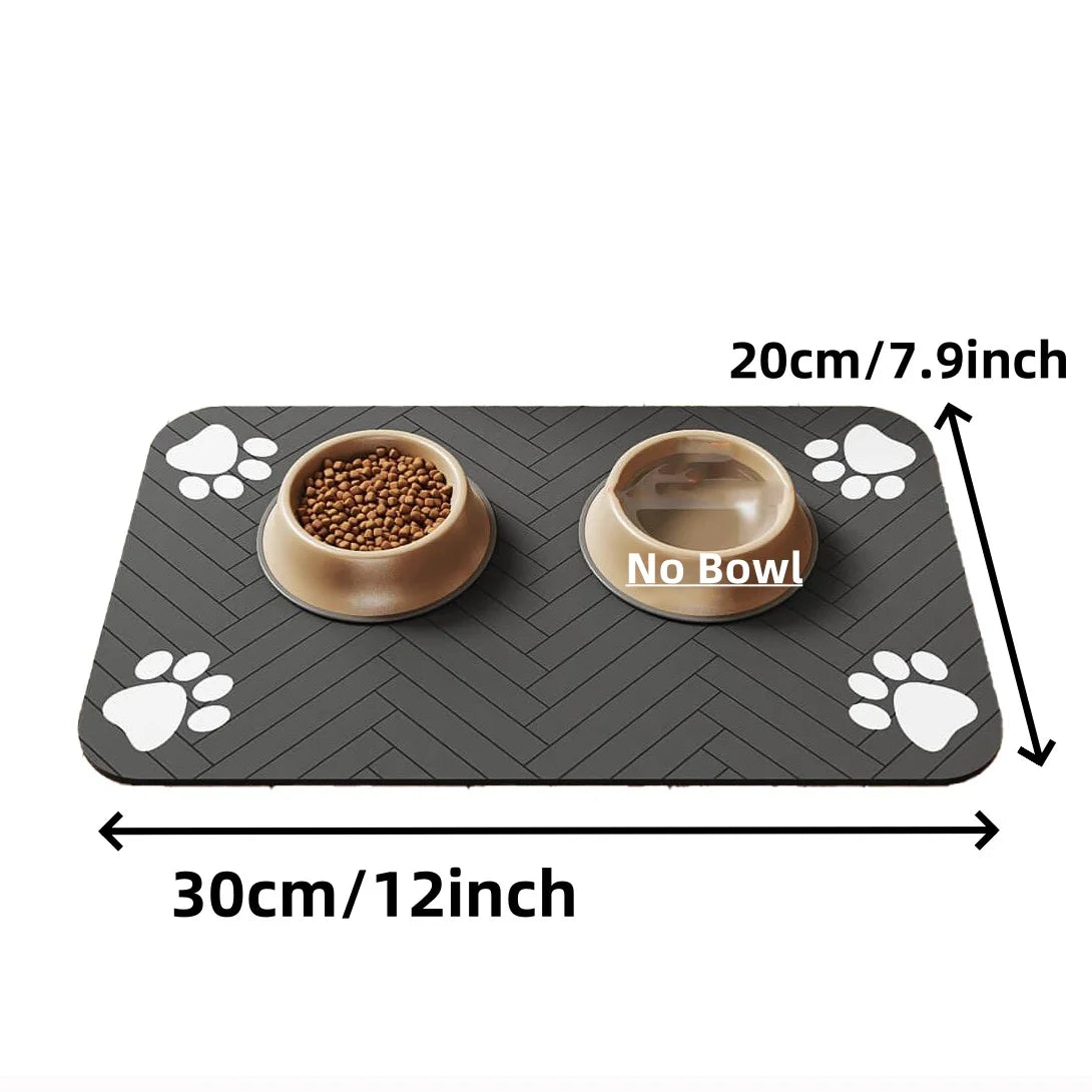 Pet mat with two bowls, one labeled 'No Bowl', showing dimensions on a white background.