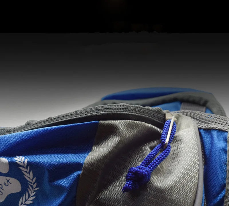 Close-up of a blue and gray bag with a drawstring