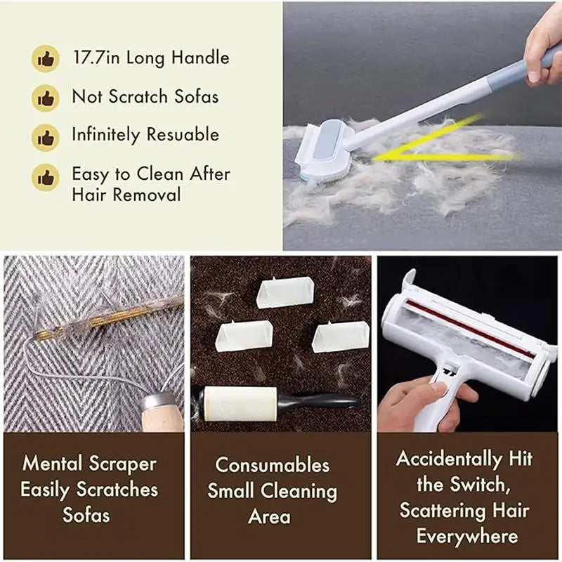 Cleaning tool with features listed on the left and usage examples on the right.