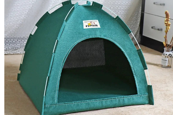 Green pet tent with a white wall and decorative elements in the background.