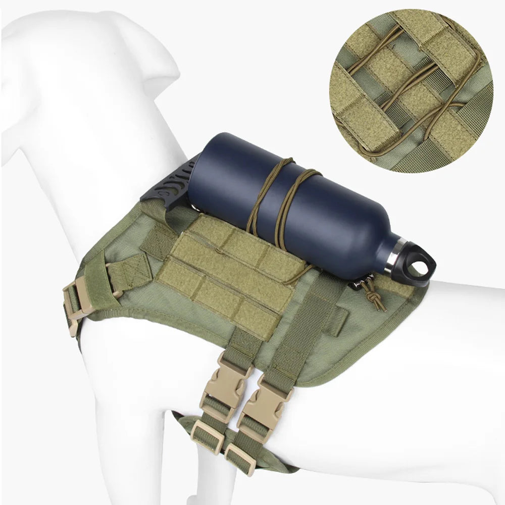 Olive green tactical harness with a blue gas canister on a white background
