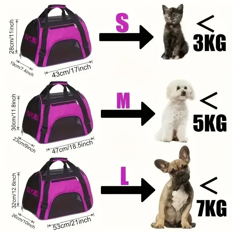 Pet carrier with size chart for cats, dogs, and small animals on a white background