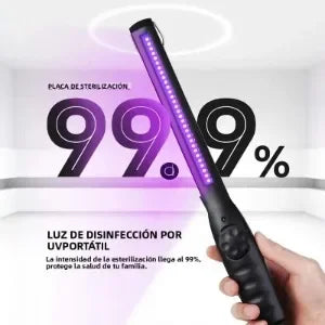 UV light sterilization device with text indicating 99.9% sterilization rate held by a hand.