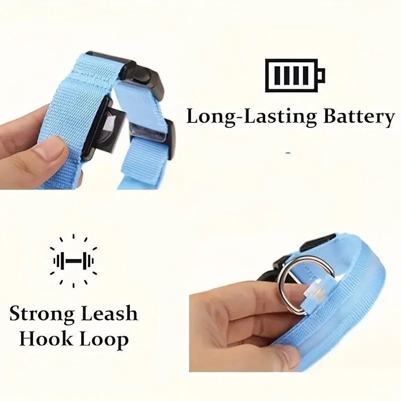 Blue dog leash with battery icon and strong leash hook loop feature on a white background