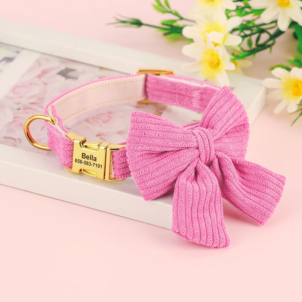 Pink dog collar with a bow and gold name tag on a pink background with flowers.