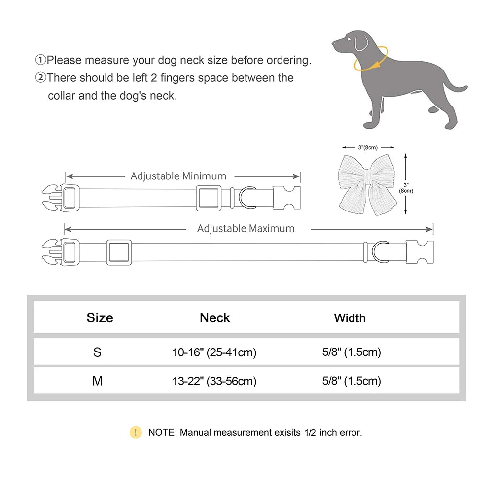 Dog collar size chart with measurements and a diagram of a dog wearing a collar.