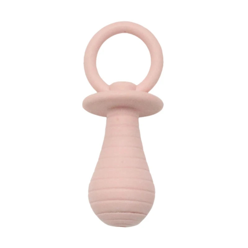 Pink baby teether on a white background