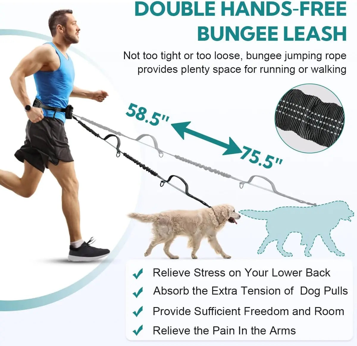 Man running with a dog using a double hands-free bungee leash, with product features highlighted.