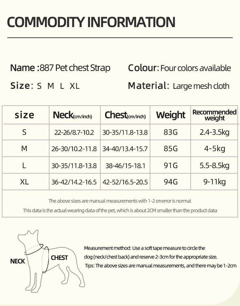 Commodity information chart for 887 Pet chest strap with size, color, material, and weight details.