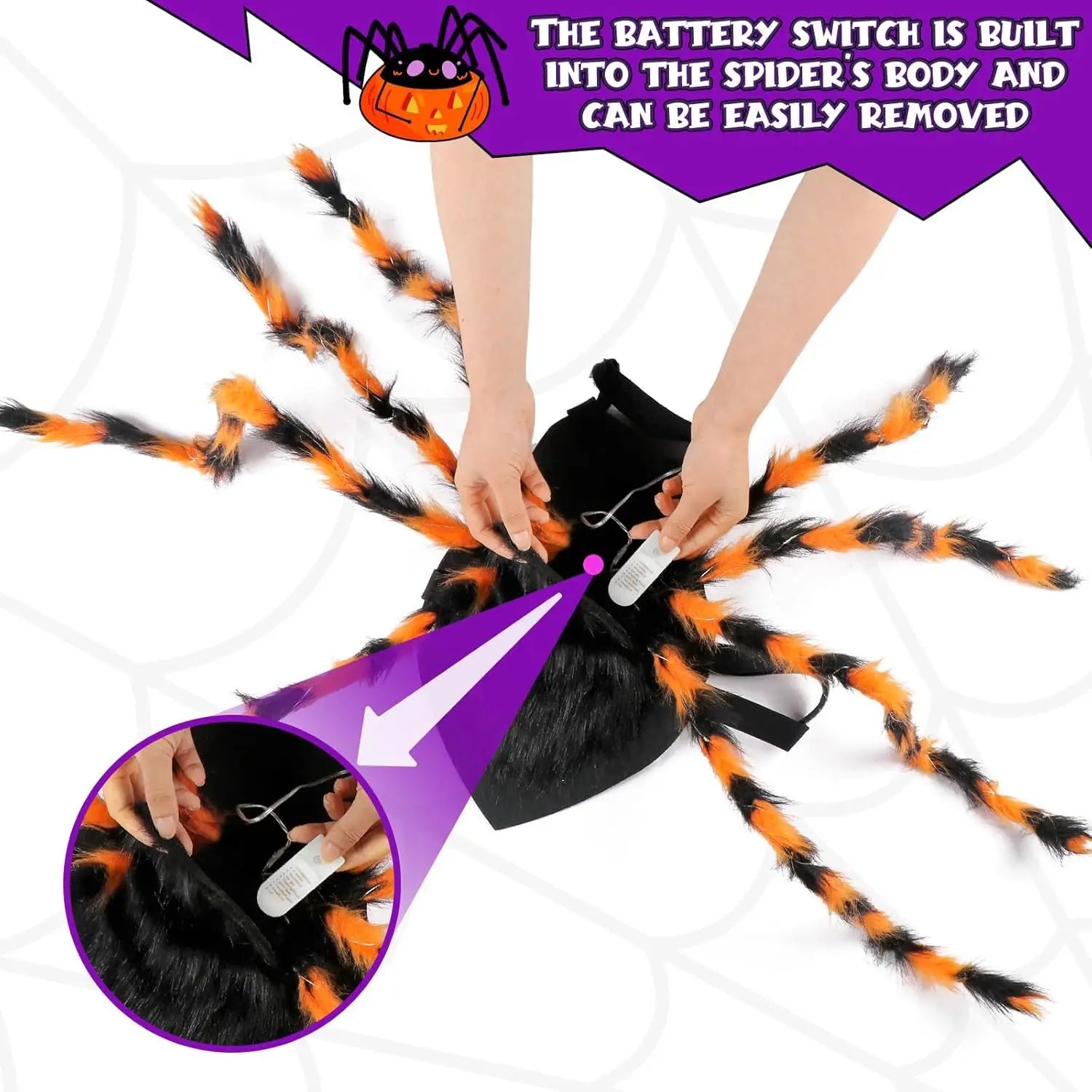 Halloween spider decoration with a battery switch built into its body.