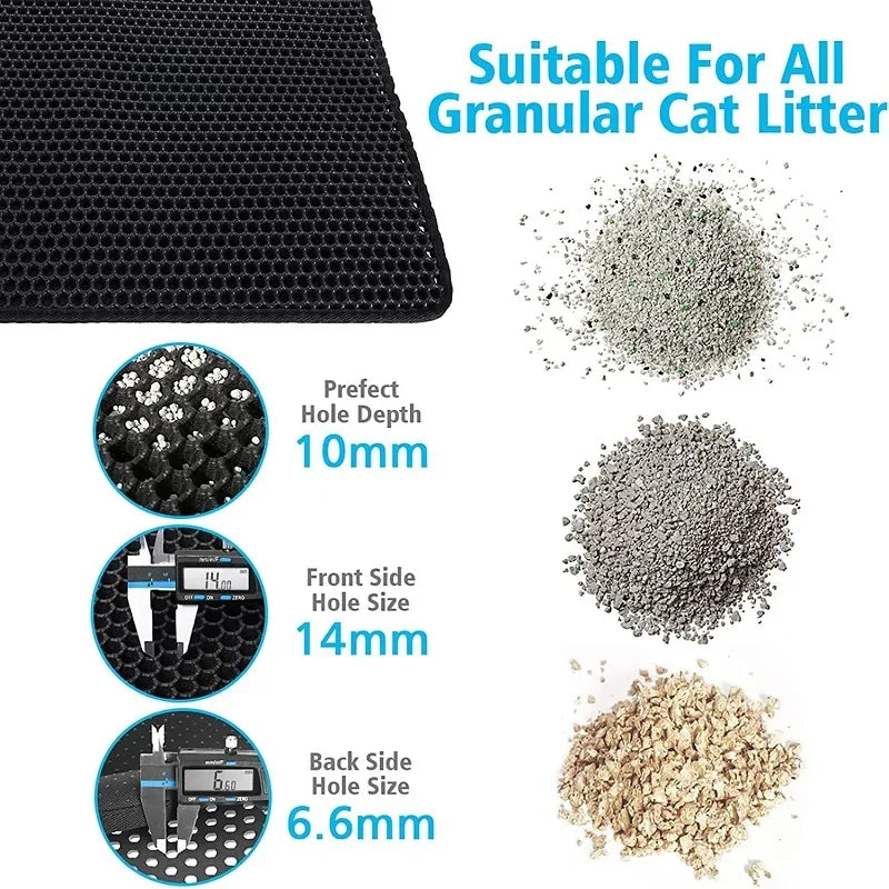 Cat litter mat with granular cat litter and specifications on a black background