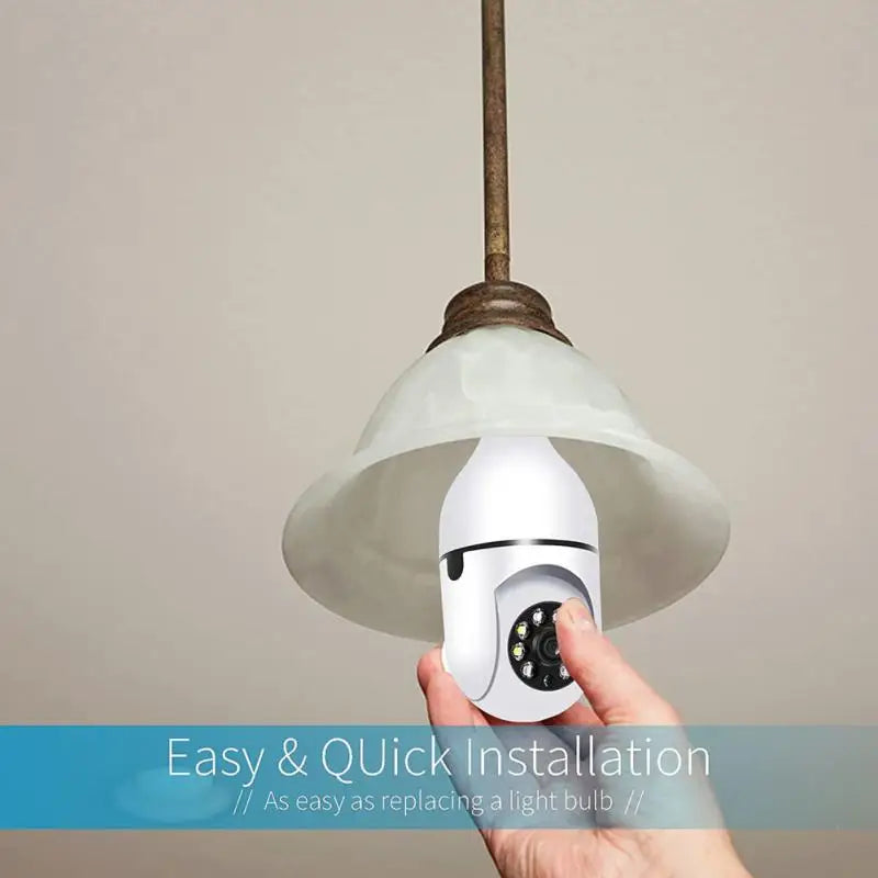 Hand holding a security camera light bulb with text 'Easy & Quick Installation' on a neutral background