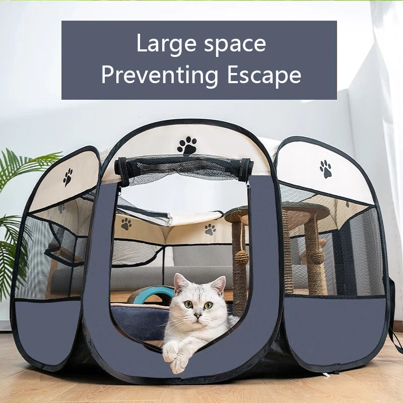 Pet playpen with a cat inside, labeled 'Large space Preventing Escape'.