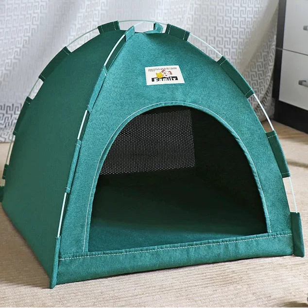 Green pet tent with a white wall background
