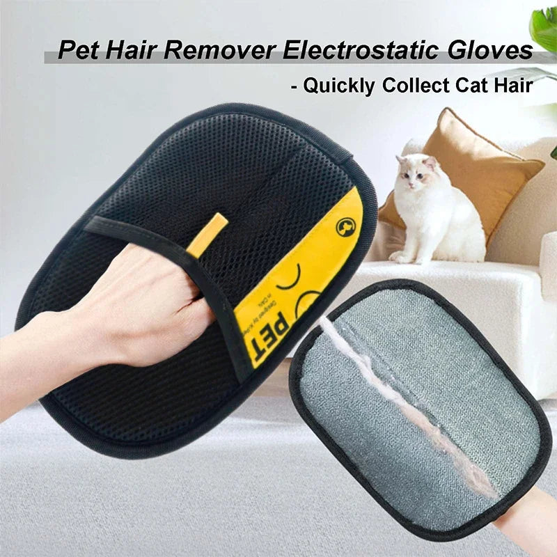Pet hair remover electrostatic gloves with a cat in the background