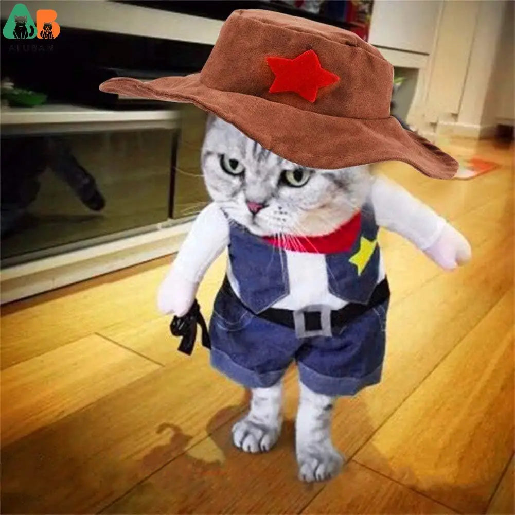Cat wearing a cowboy costume with a hat and vest on a wooden floor.