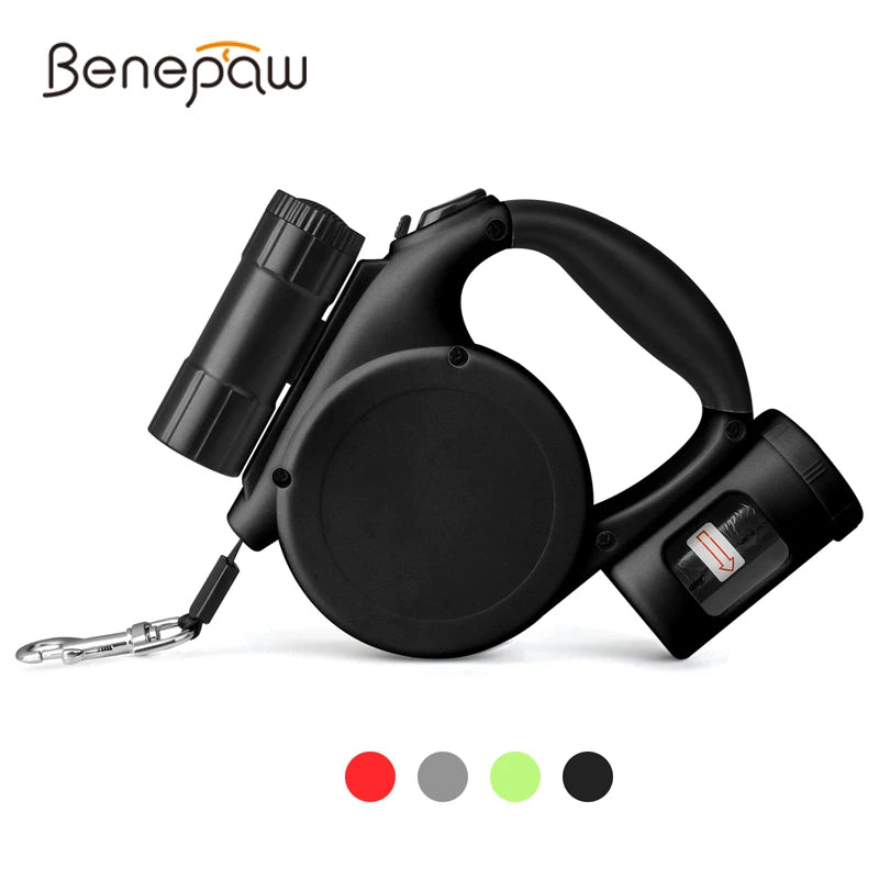 Black retractable dog leash with handle and leash on a white background, featuring the Benepaw brand.