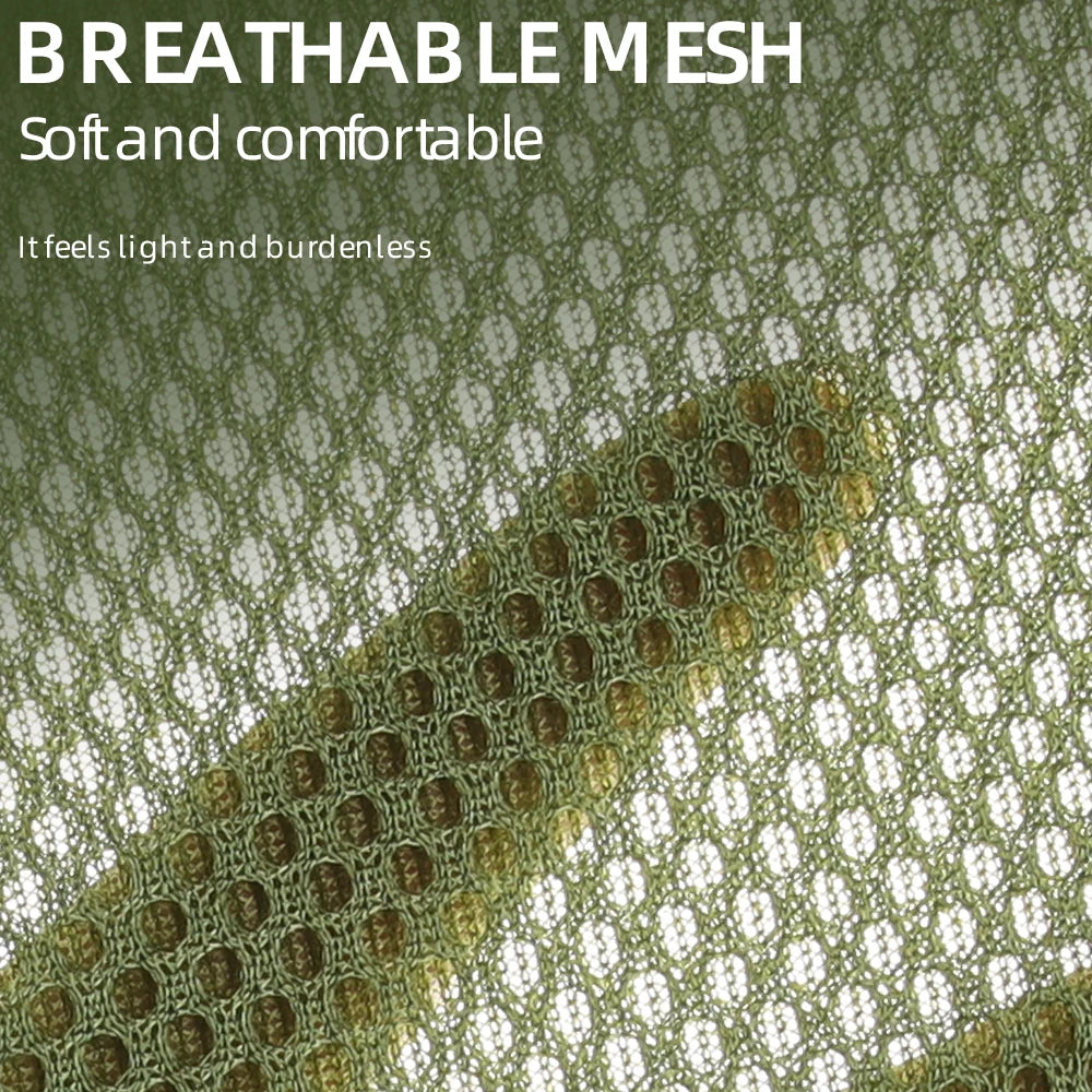 Close-up of breathable mesh fabric with text describing its softness and comfort.