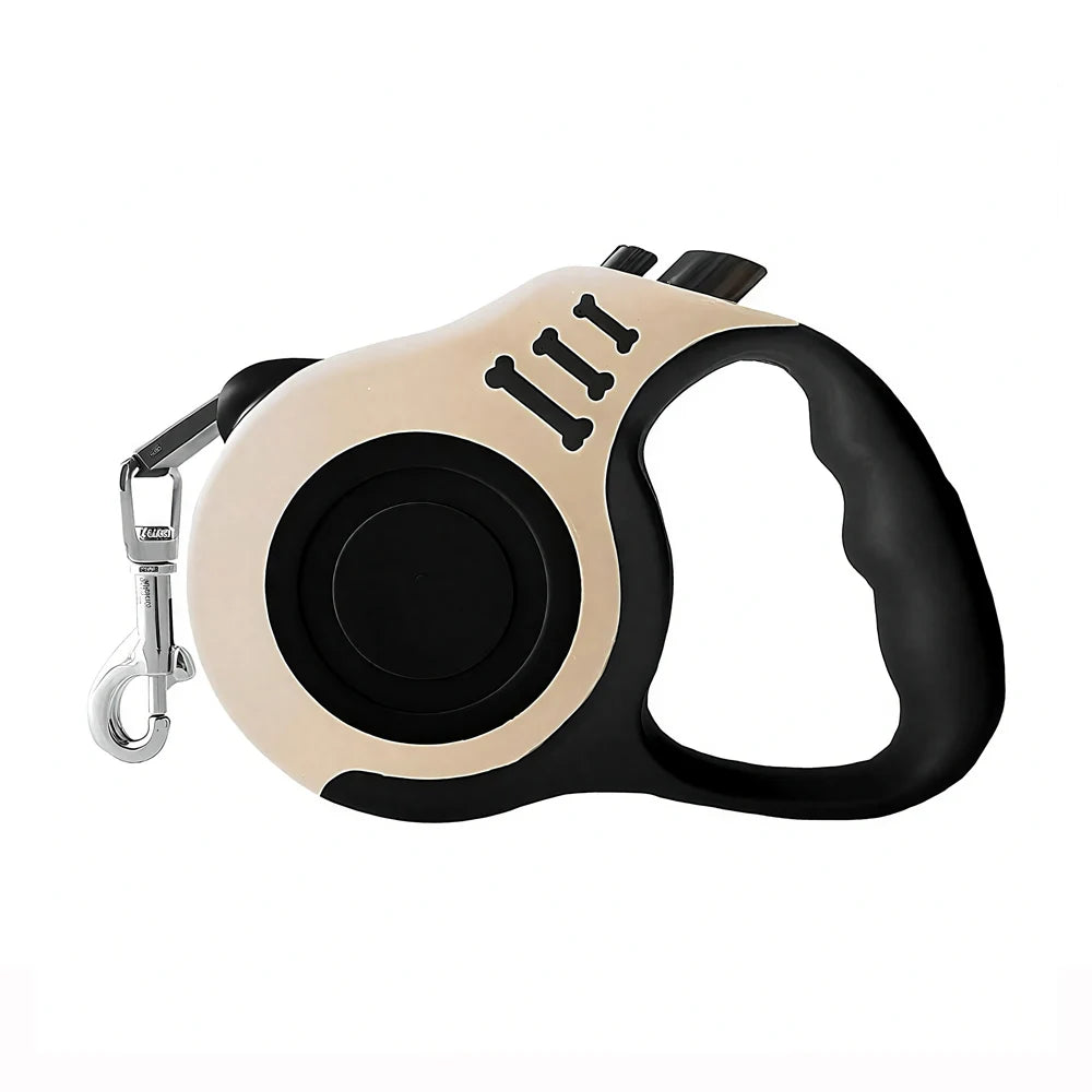 Beige and black retractable dog leash on a white background