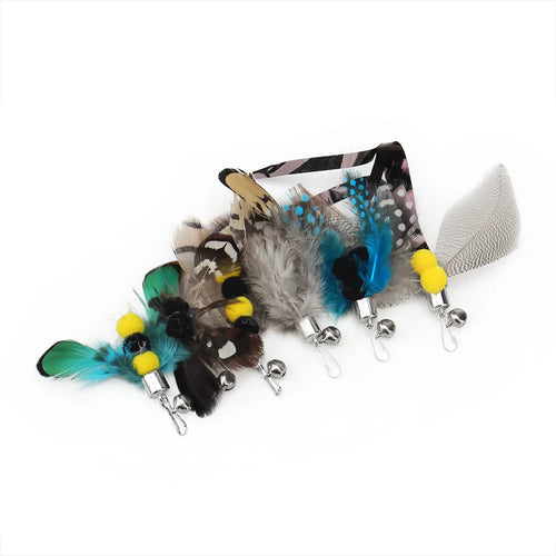 Set of feathered cat toys with colorful beads on a white background