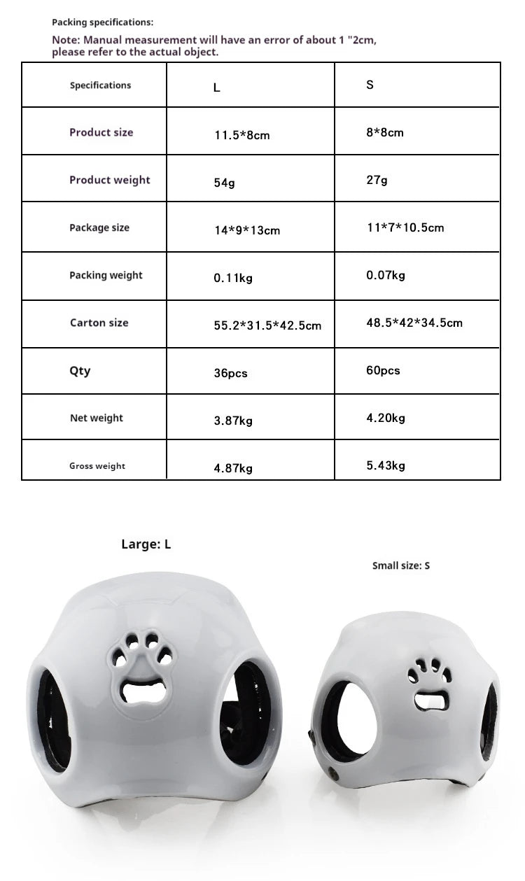 Product packaging specifications table for a pet toy with two sizes shown below.