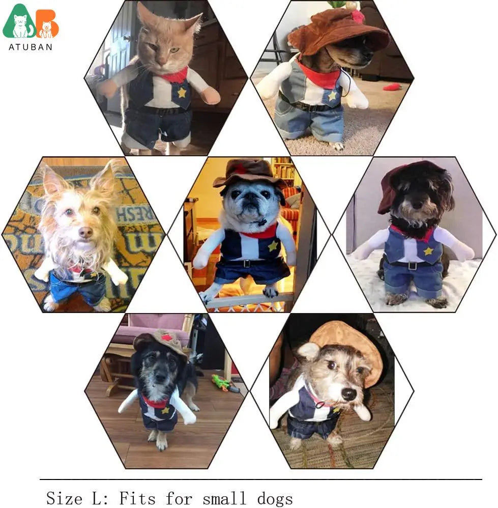 Hexagonal grid of small dogs and cats wearing costumes with 'ATUBAN' branding.