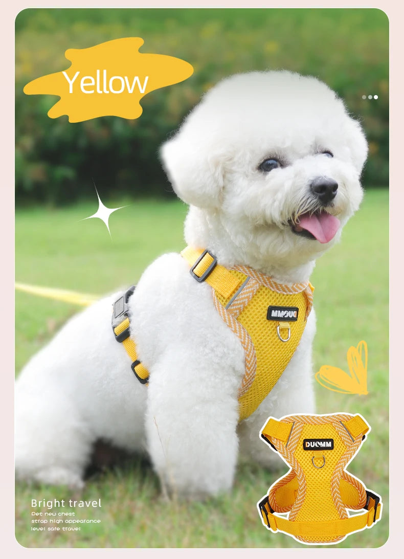 White dog wearing a yellow harness with a brand logo, standing on grass.