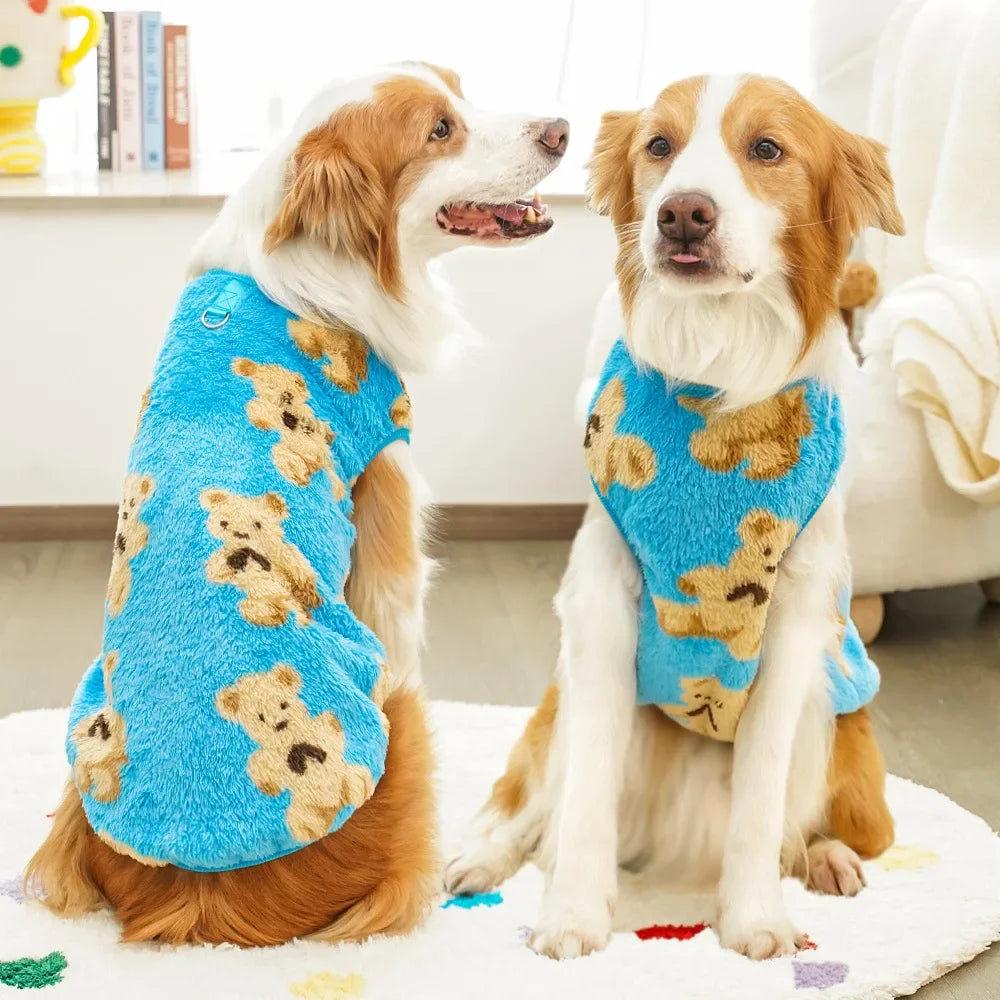 Two dogs wearing blue sweaters with teddy bear pattern on a white couch.