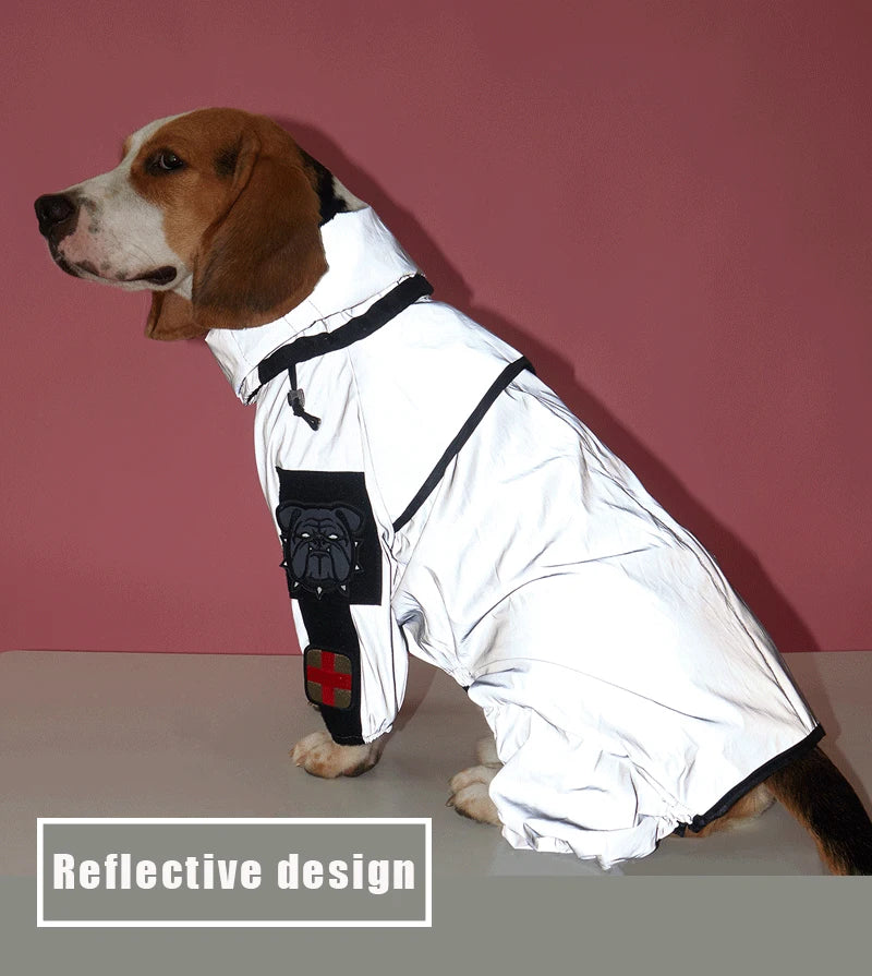 Dog wearing a white raincoat with reflective design on a pink background