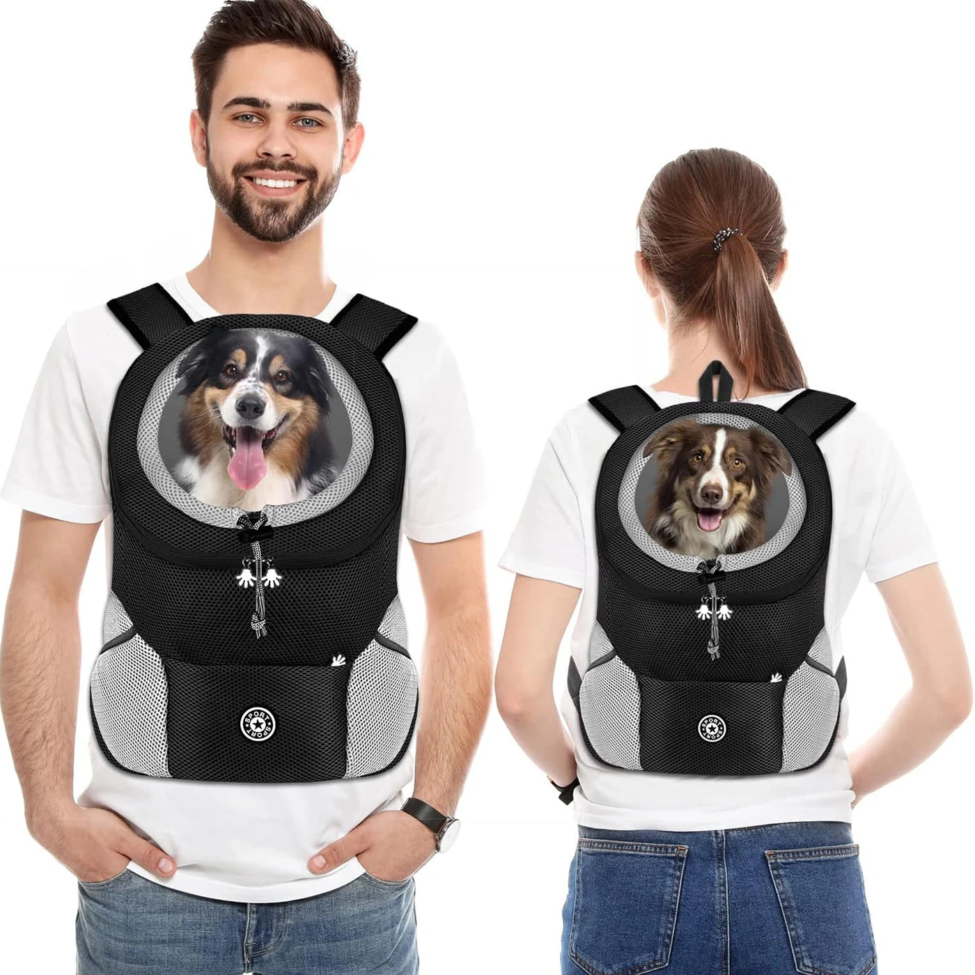 Two people wearing black pet backpacks with a dog inside, on a white background