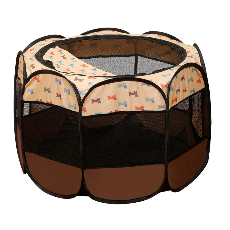 Pet playpen with patterned top on a white background