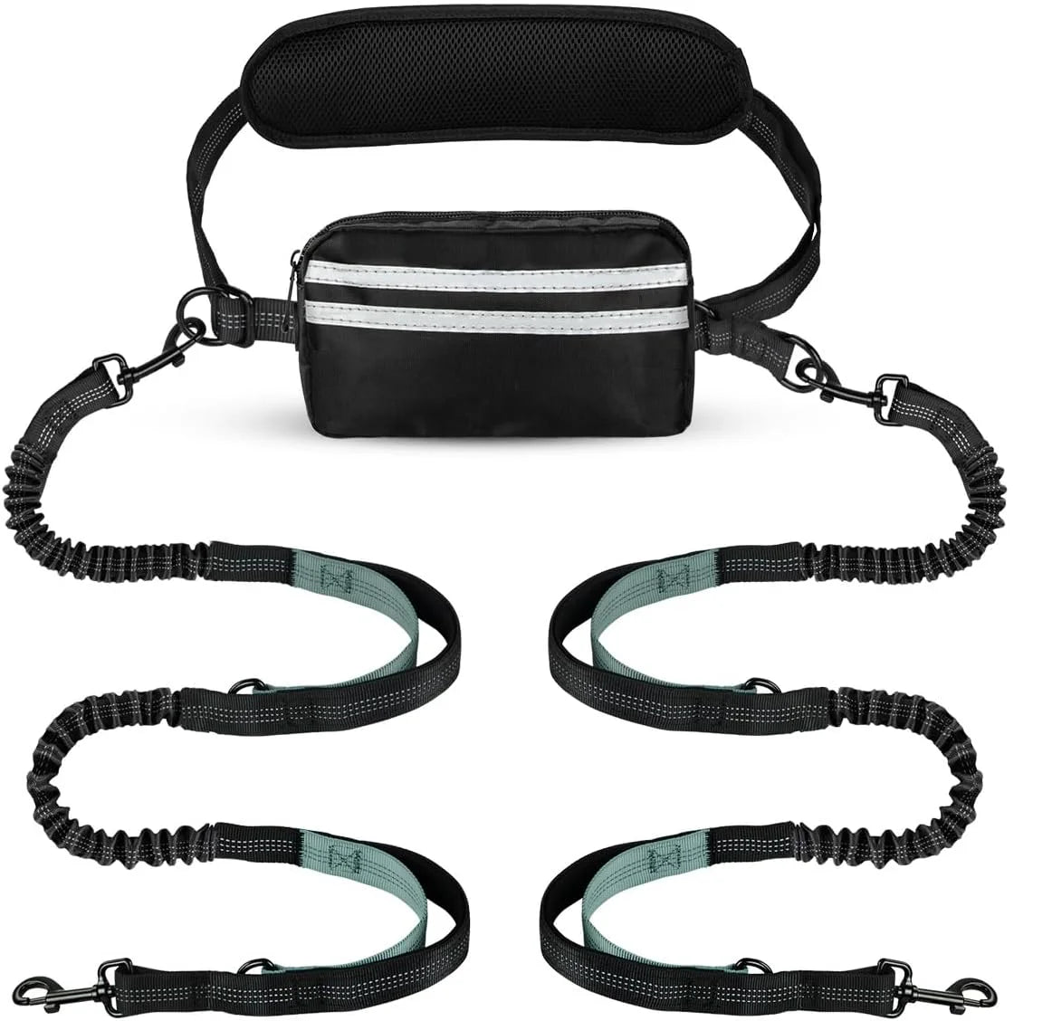 Black dog leashes with reflective stripes and a black bag on a white background