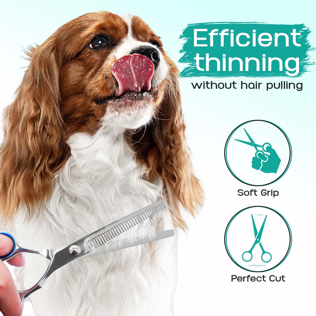 Dog with grooming scissors and text about efficient thinning without hair pulling