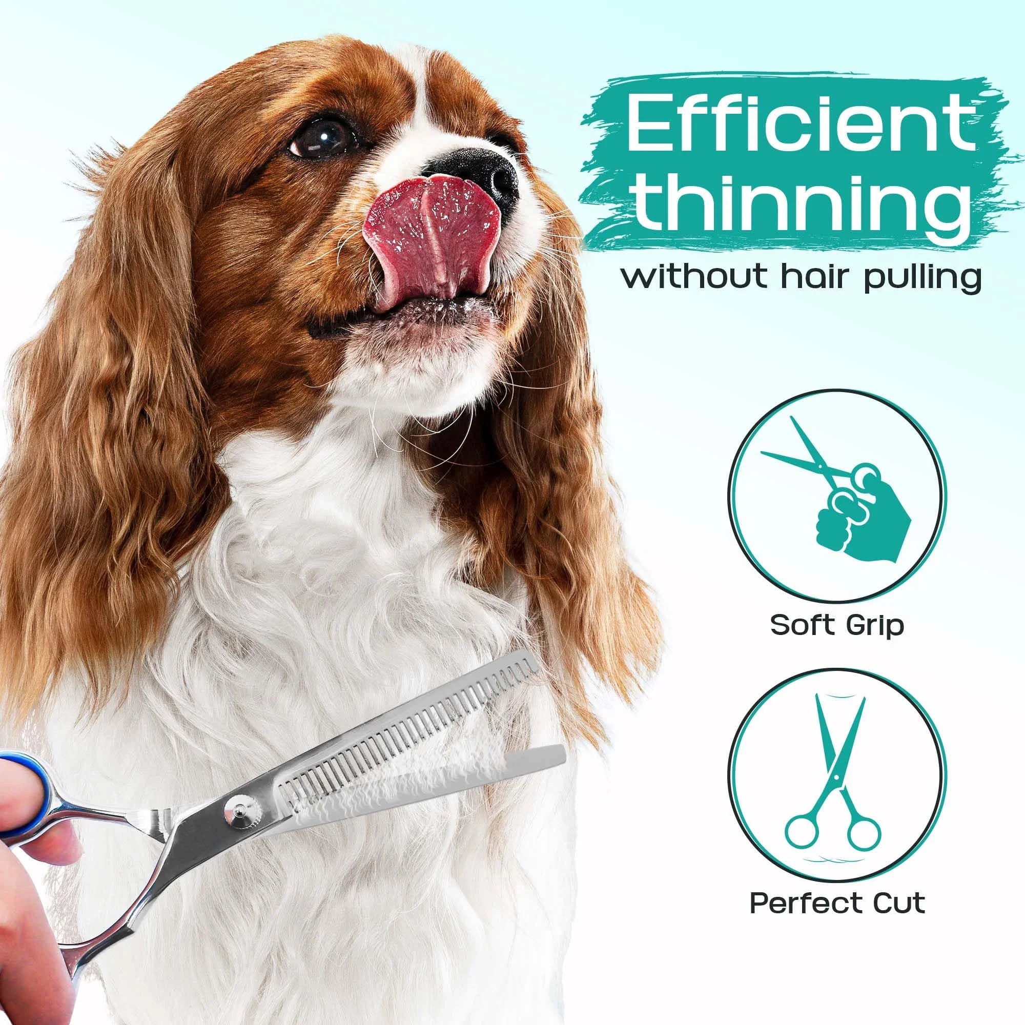 Dog with grooming scissors and text about efficient thinning without hair pulling