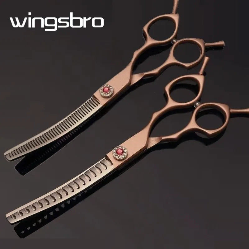 Two pairs of rose gold scissors with 'wingsbro' branding on a dark background