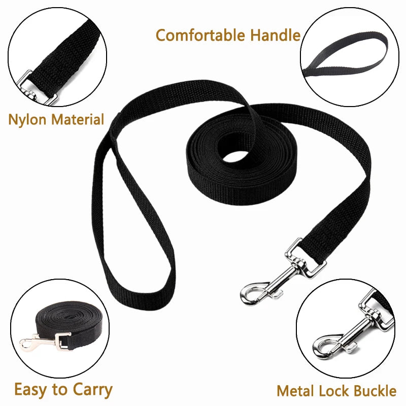Black dog leash with metal lock buckle, showing features like comfortable handle, nylon material, and easy to carry.