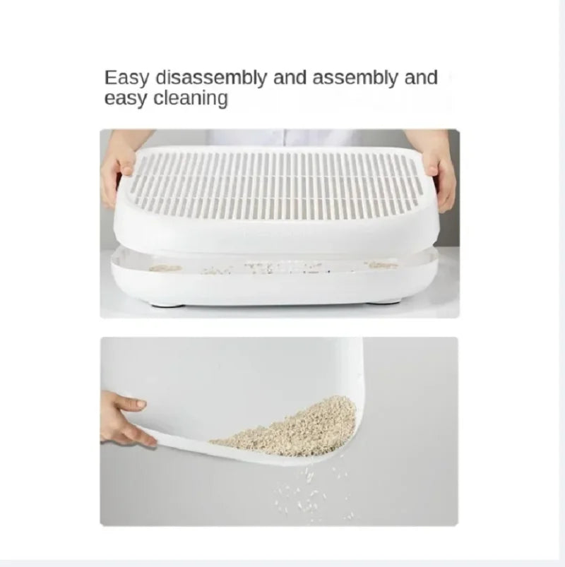 Cat litter box with text 'Easy disassembly and assembly and easy cleaning' on a white background.