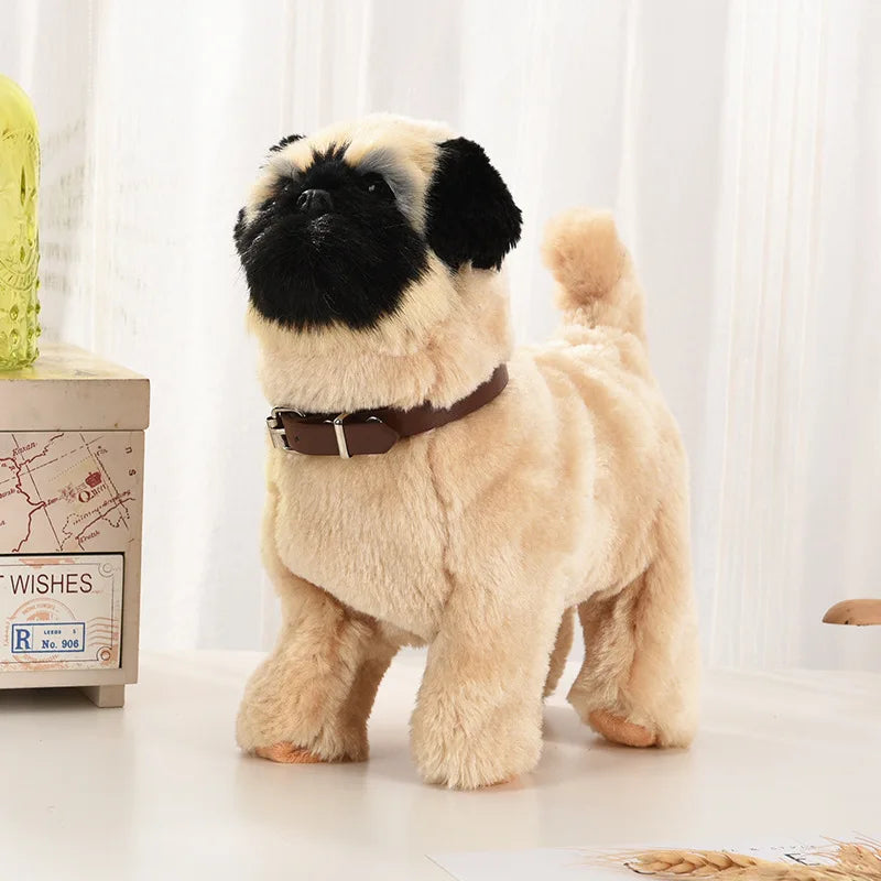 Plush toy pug dog with a brown collar on a light background