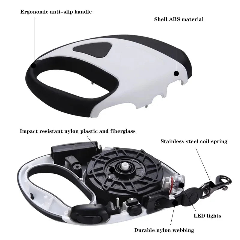 Dog leash with labeled components on a white background