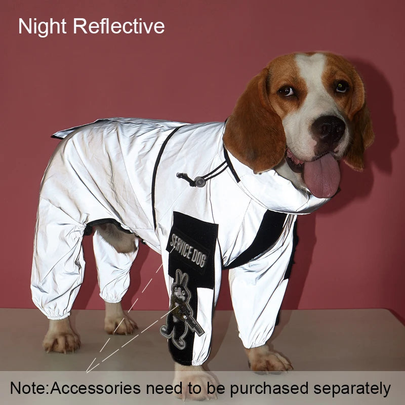 Dog wearing a white space-themed outfit with 'Space Dog' branding against a red background.