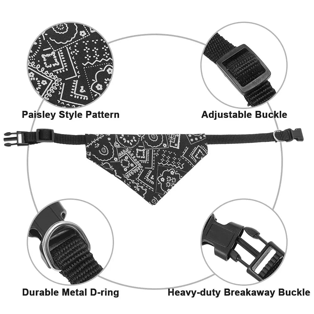 Black paisley patterned dog bandana with adjustable buckle, metal D-ring, and breakaway buckle on a white background.